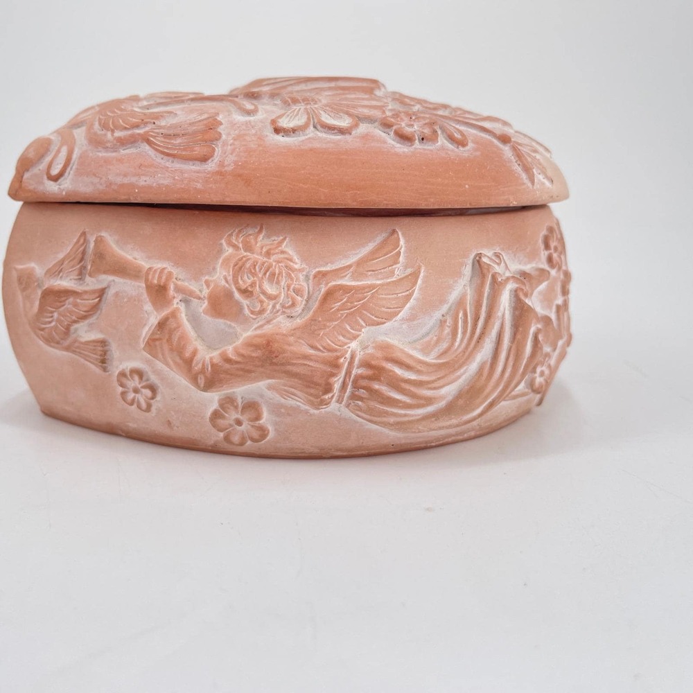 Vintage Terracotta Heart Trinket Box Embossed Angel Bird Floral Lidded Korea - Picture 2 of 11